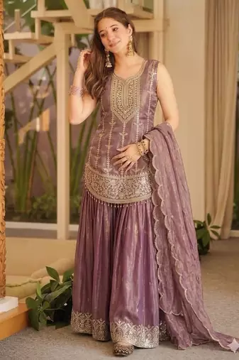 Lavender fendy silk embroidered sharara suit set