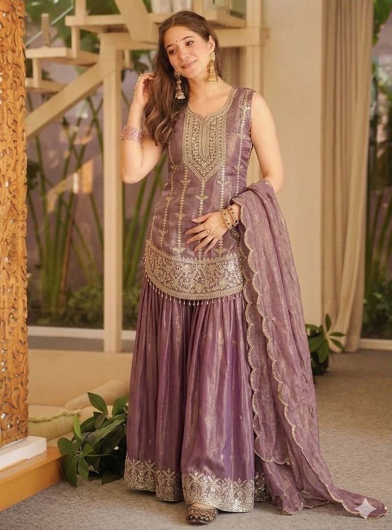 Lavender fendy silk embroidered sharara suit set