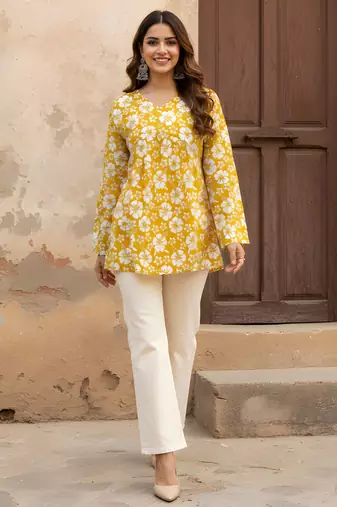 Mustard color beautiful sophisticated graceful formal short kurta for girls