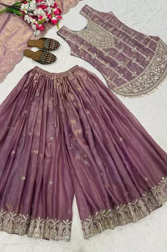 Lavender fendy silk embroidered sharara suit set