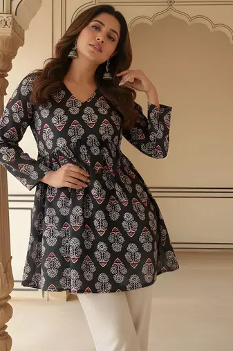 Black color rayon fabric beautiful rich formal looks short kurti for office girls