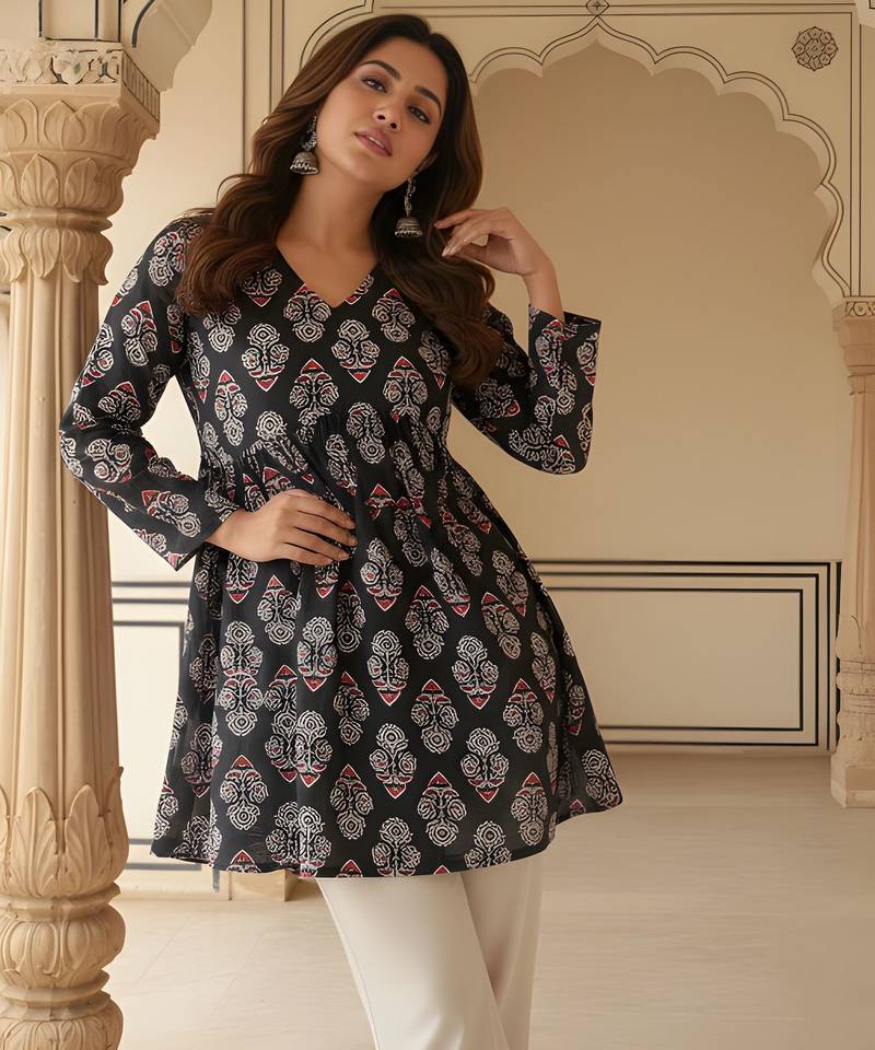 Black color rayon fabric beautiful rich formal looks short kurti for office girls