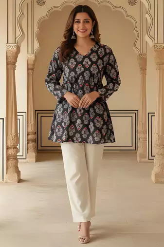 Black color rayon fabric beautiful rich formal looks short kurti for office girls