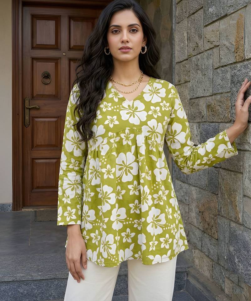 Green color beautiful sophisticated graceful formal short kurta for girls