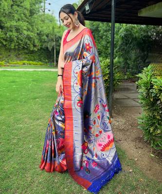 Traditional violet silk blend saree with vibrant floral motifs 2