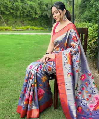 Traditional violet silk blend saree with vibrant floral motifs 4