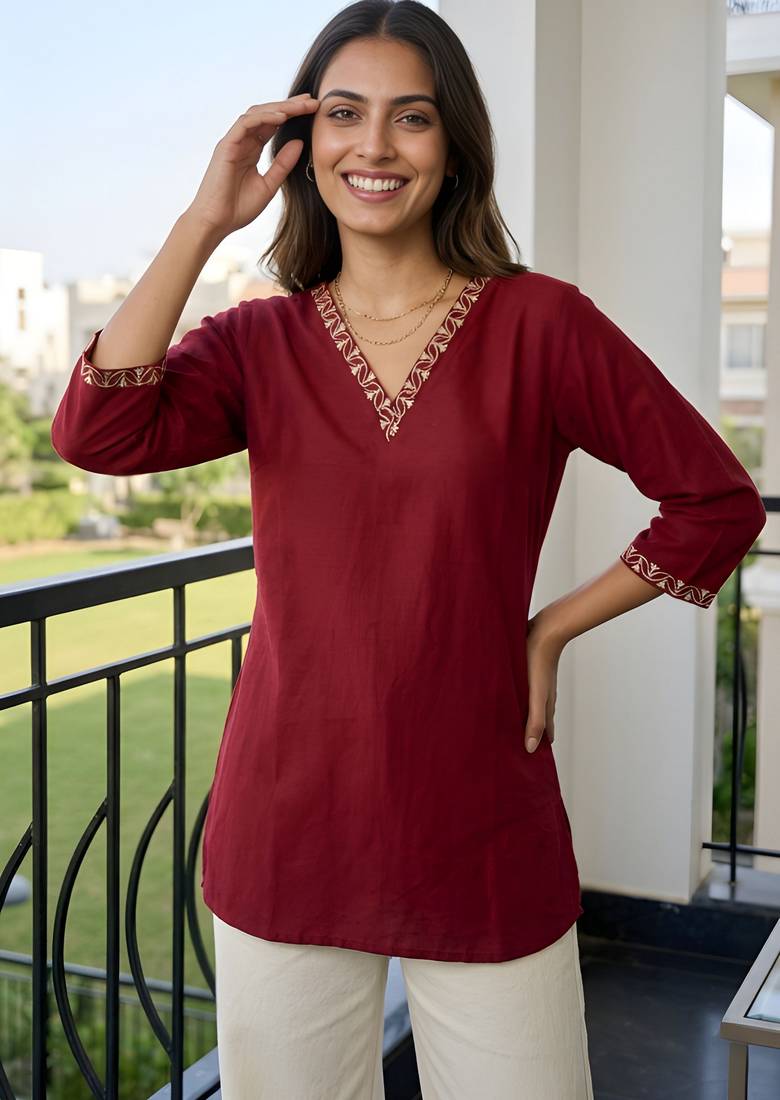 Maroon color beautiful sophisticated graceful formal short kurta for girls