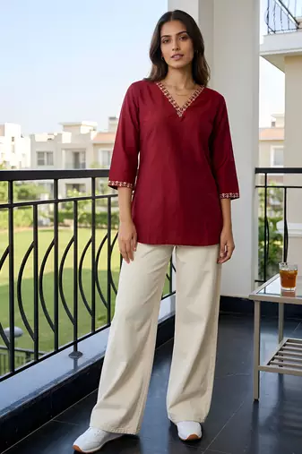 Maroon color beautiful sophisticated graceful formal short kurta for girls