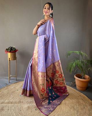 Lavender color silk blend saree with rich contrast weaving pallu & border and beautiful buttis 2