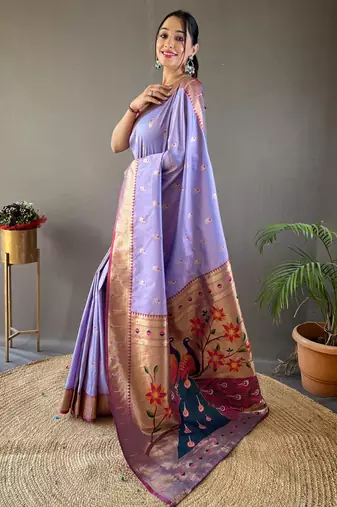 Lavender color silk blend saree with rich contrast weaving pallu & border and beautiful buttis