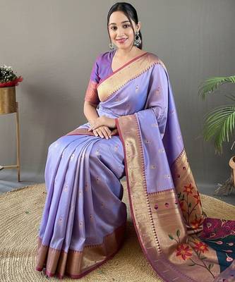 Lavender color silk blend saree with rich contrast weaving pallu & border and beautiful buttis 4