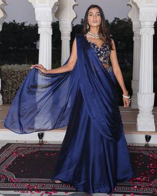 Blue Color Stylish Rangoli Silk Fabric Thread Embroidery Work Lehenga Set 1