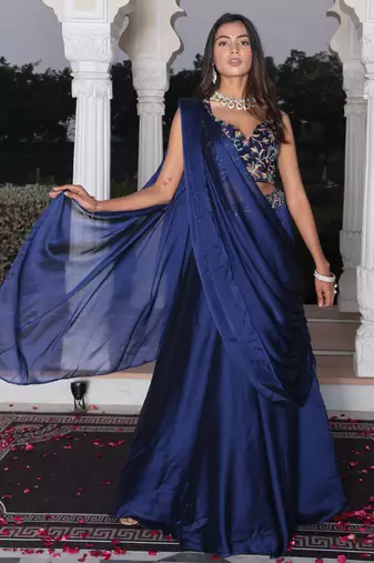Blue Color Stylish Rangoli Silk Fabric Thread Embroidery Work Lehenga Set
