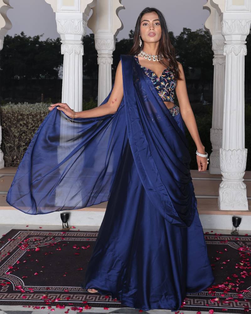 Blue Color Stylish Rangoli Silk Fabric Thread Embroidery Work Lehenga Set
