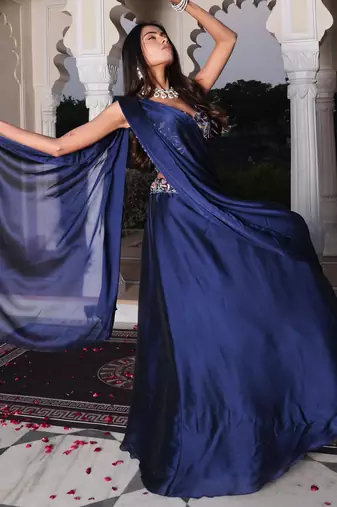 Blue Color Stylish Rangoli Silk Fabric Thread Embroidery Work Lehenga Set