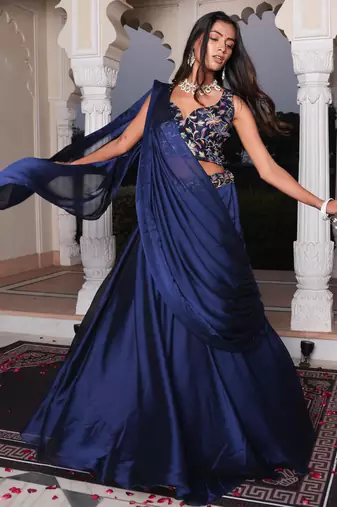 Blue Color Stylish Rangoli Silk Fabric Thread Embroidery Work Lehenga Set