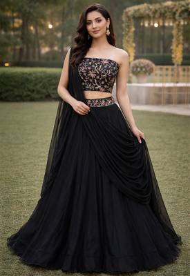 Black Color Stylish Rangoli Silk Fabric Thread Embroidery Work Lehenga Set 1