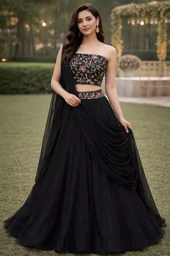 Black Color Stylish Rangoli Silk Fabric Thread Embroidery Work Lehenga Set