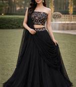Black Color Stylish Rangoli Silk Fabric Thread Embroidery Work Lehenga Set