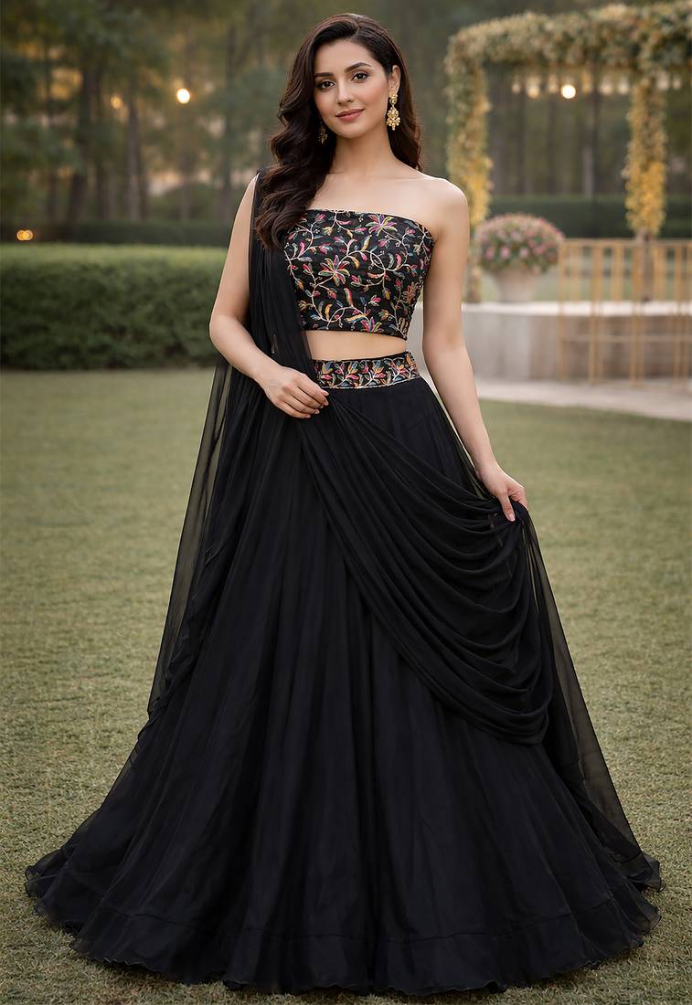 Black Color Stylish Rangoli Silk Fabric Thread Embroidery Work Lehenga Set