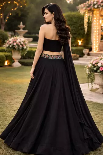 Black Color Stylish Rangoli Silk Fabric Thread Embroidery Work Lehenga Set