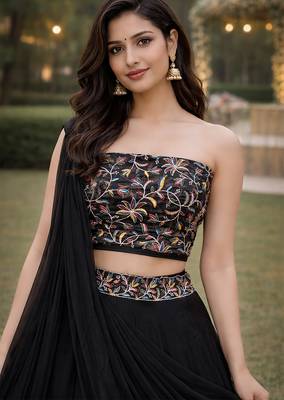 Black Color Stylish Rangoli Silk Fabric Thread Embroidery Work Lehenga Set 3
