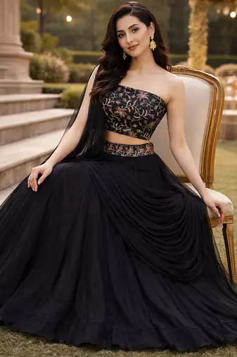 Black Color Stylish Rangoli Silk Fabric Thread Embroidery Work Lehenga Set