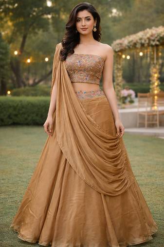 Beige Color Stylish Rangoli Silk Fabric Thread Embroidery Work Lehenga Set