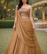 Beige Color Stylish Rangoli Silk Fabric Thread Embroidery Work Lehenga Set