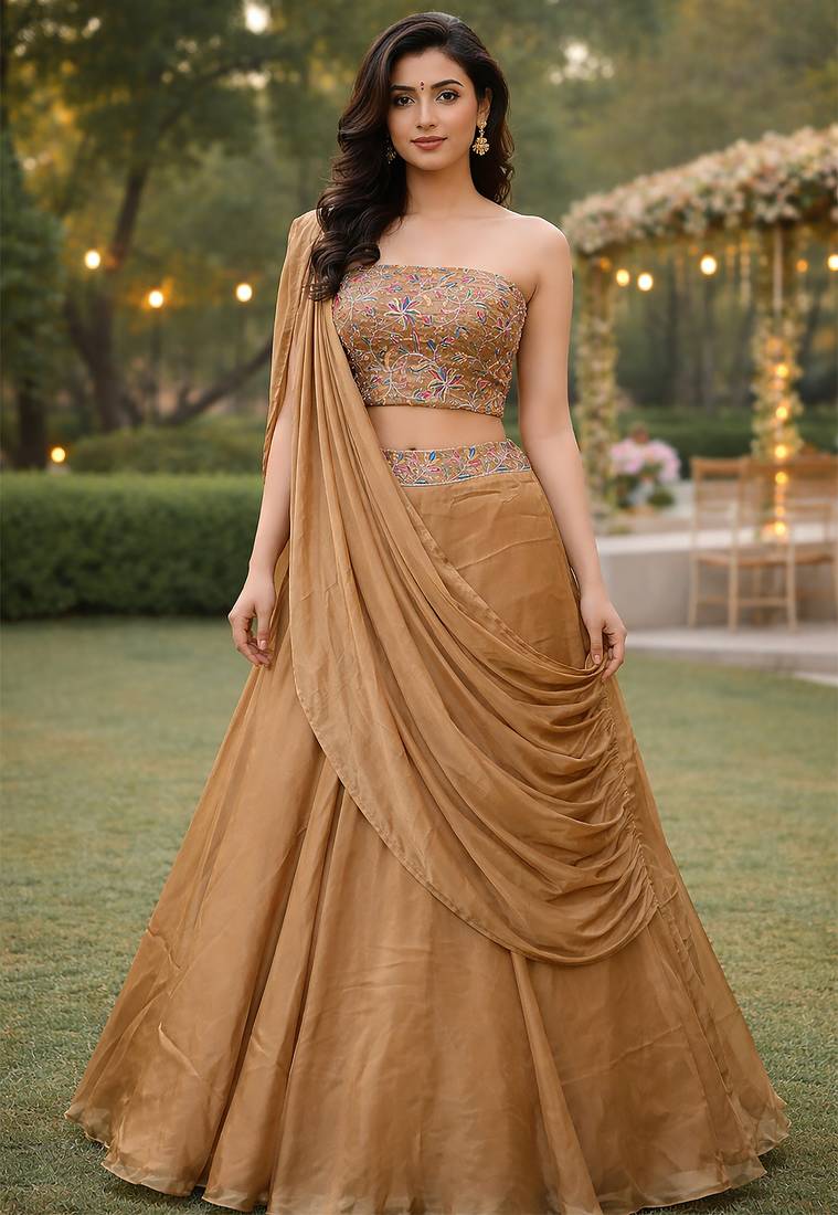Beige Color Stylish Rangoli Silk Fabric Thread Embroidery Work Lehenga Set