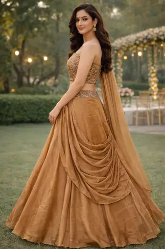 Beige Color Stylish Rangoli Silk Fabric Thread Embroidery Work Lehenga Set