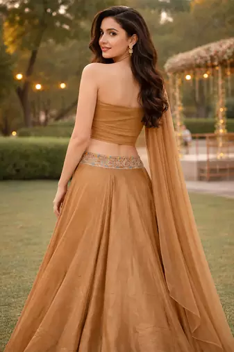 Beige Color Stylish Rangoli Silk Fabric Thread Embroidery Work Lehenga Set