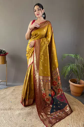 musterd color silk blend saree with rich contrast weaving pallu & border and beautiful buttis