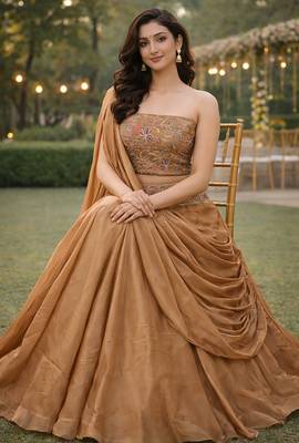 Beige Color Stylish Rangoli Silk Fabric Thread Embroidery Work Lehenga Set 4