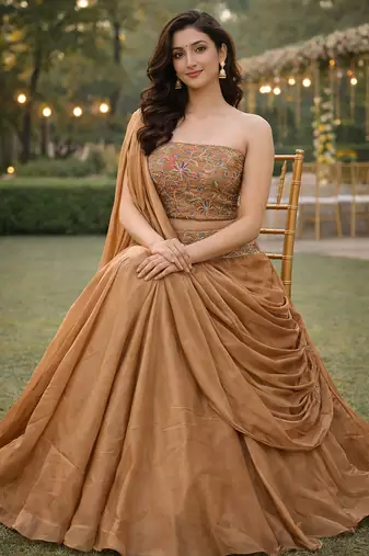 Beige Color Stylish Rangoli Silk Fabric Thread Embroidery Work Lehenga Set