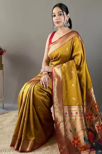 musterd color silk blend saree with rich contrast weaving pallu & border and beautiful buttis
