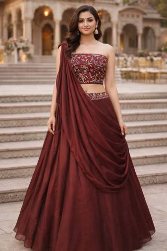 Dark Brown Color Stylish Rangoli Silk Fabric Thread Embroidery Work Lehenga Set