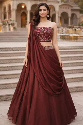 Dark Brown Color Stylish Rangoli Silk Fabric Thread Embroidery Work Lehenga Set