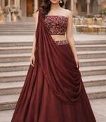 Dark Brown Color Stylish Rangoli Silk Fabric Thread Embroidery Work Lehenga Set