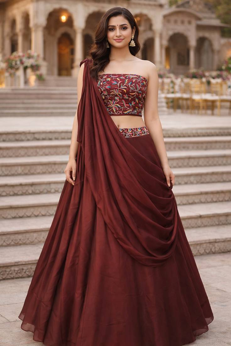 Dark Brown Color Stylish Rangoli Silk Fabric Thread Embroidery Work Lehenga Set