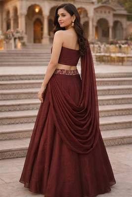 Dark Brown Color Stylish Rangoli Silk Fabric Thread Embroidery Work Lehenga Set 2