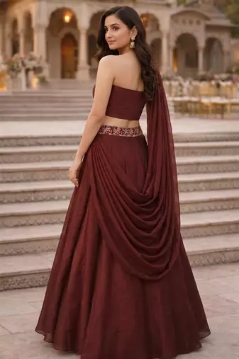 Dark Brown Color Stylish Rangoli Silk Fabric Thread Embroidery Work Lehenga Set