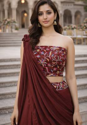 Dark Brown Color Stylish Rangoli Silk Fabric Thread Embroidery Work Lehenga Set 3