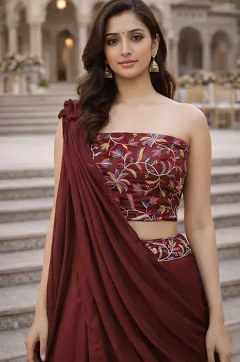 Dark Brown Color Stylish Rangoli Silk Fabric Thread Embroidery Work Lehenga Set