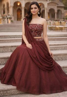 Dark Brown Color Stylish Rangoli Silk Fabric Thread Embroidery Work Lehenga Set 4