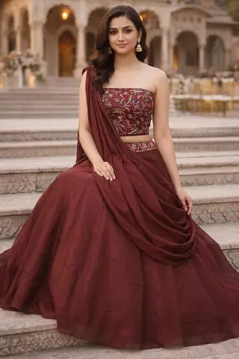 Dark Brown Color Stylish Rangoli Silk Fabric Thread Embroidery Work Lehenga Set