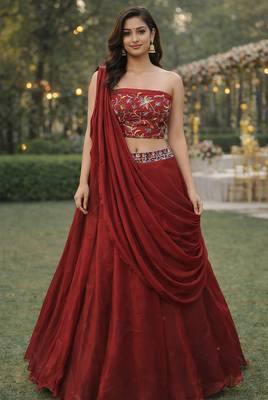 Maroon Color Stylish Rangoli Silk Fabric Thread Embroidery Work Lehenga Set 1