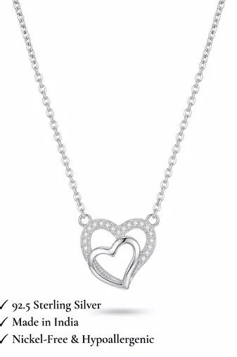 925 Sterling Silver Double Heart Pendant  Necklace Set , Romantic Jewelry Gift for Women