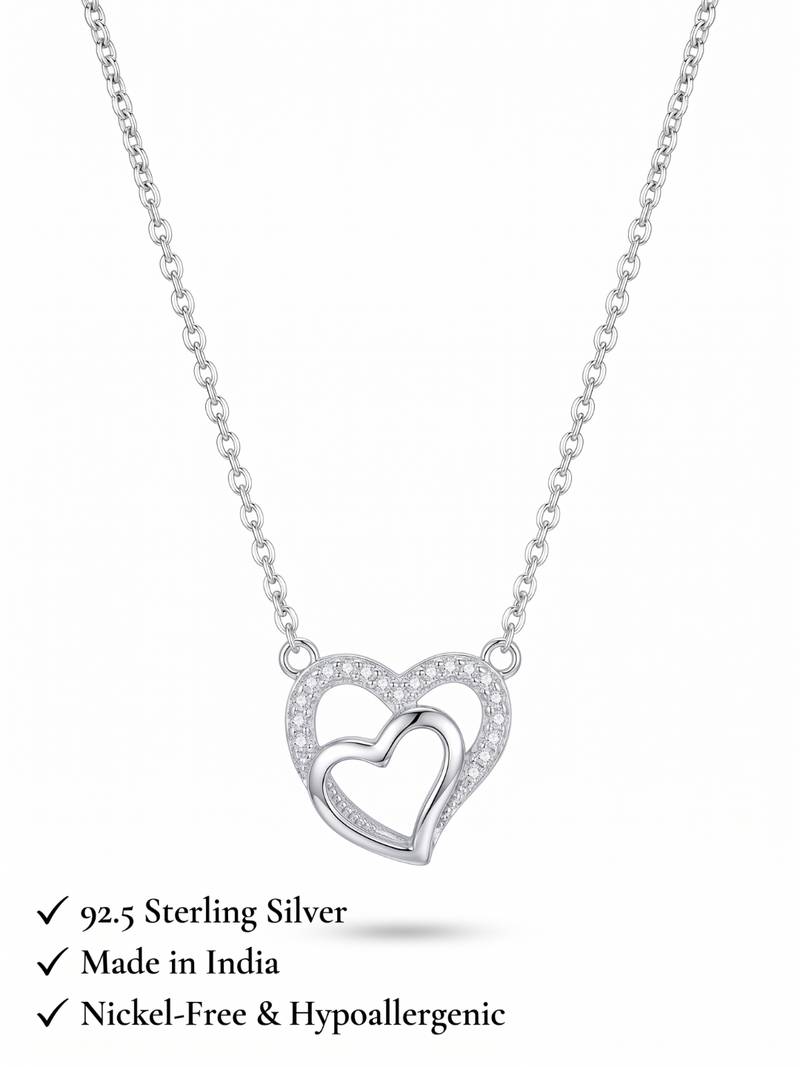 925 Sterling Silver Double Heart Pendant  Necklace Set , Romantic Jewelry Gift for Women