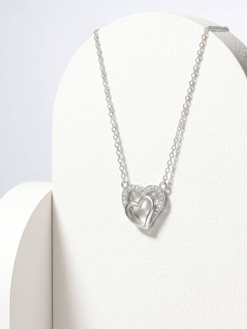 925 Sterling Silver Double Heart Pendant  Necklace Set , Romantic Jewelry Gift for Women